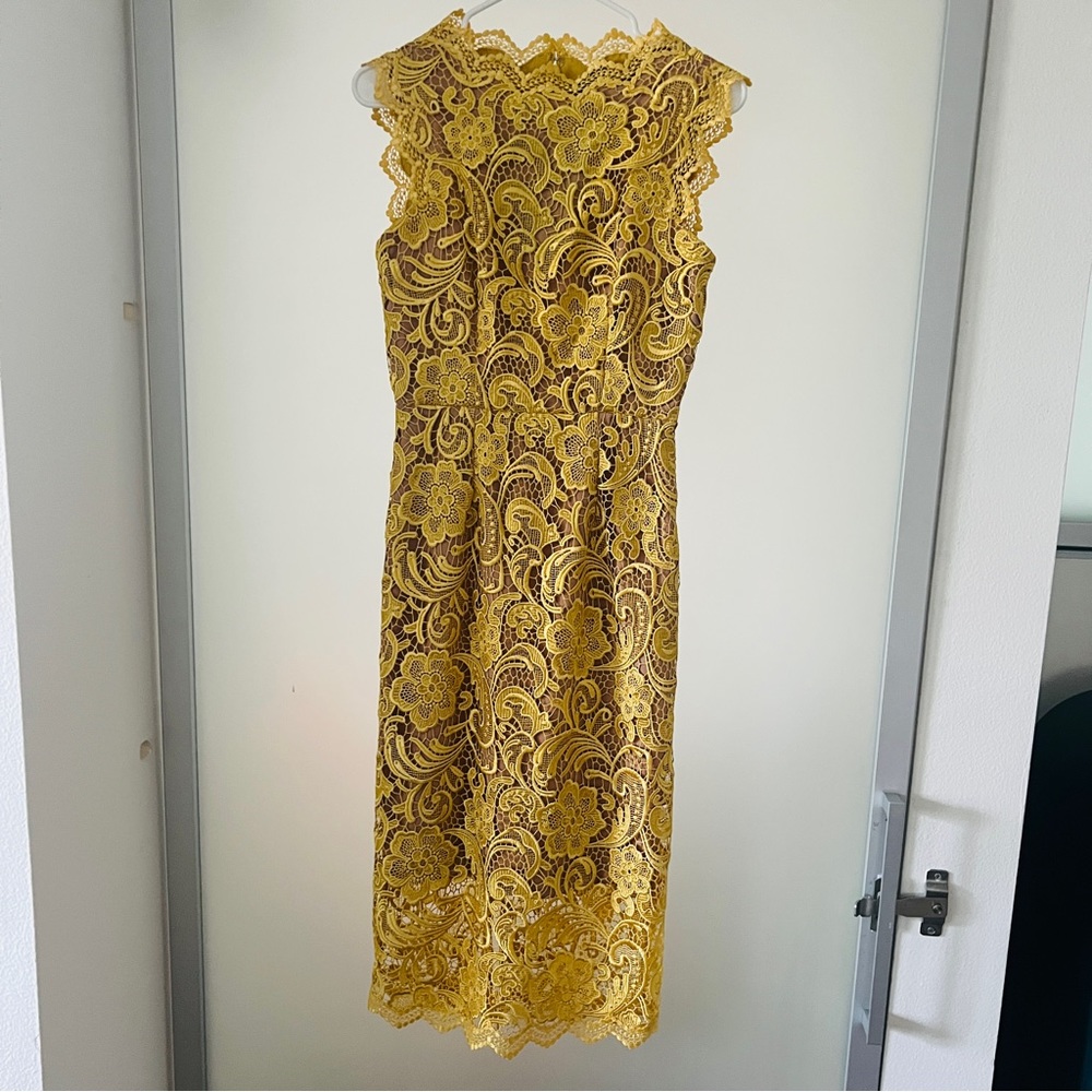 Dress the Population Claudette Crochet‎ Lace Sheath Dress in Canary/ Nude - Picture 2 of 9